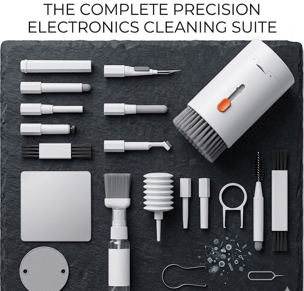 Comfort4u 20-in-1 electronics cleaning kit with brushes, tiny tools, and cleaning solutions for keyboards, phones, and earbuds.