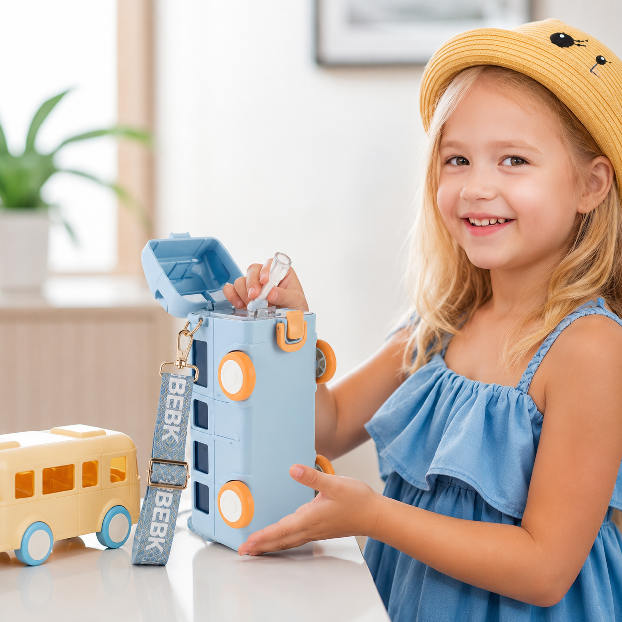 School Bus Water Bottle 500ML | Portable Kids Water Bottle with Strap & Moving Wheels