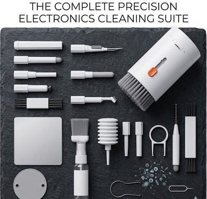 Comfort4u 20-in-1 electronics cleaning kit with brushes, tiny tools, and cleaning solutions for keyboards, phones, and earbuds.