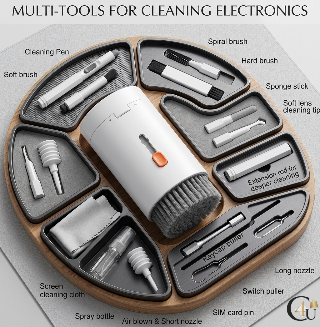 Comfort4u 20-in-1 electronics cleaning kit with brushes, cloths, and tools for cleaning keyboards, phones, and earbuds.