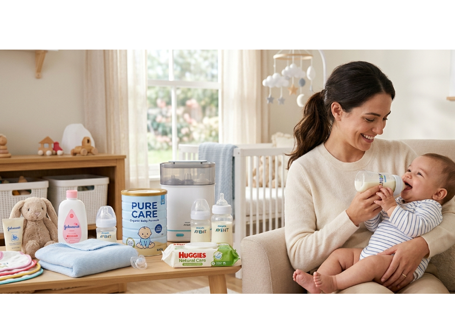 Woman feeding a baby in a nursery with baby care products on a table.