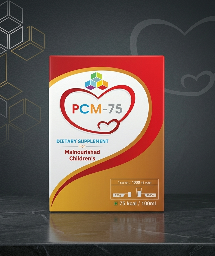 Comfort4u PCM 75 high-calorie protein supplement for malnourished children, showing a nutritious baby milk formula container.