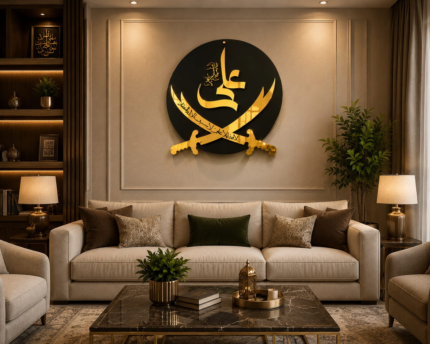 Living room with a decorative wall piece featuring Arabic calligraphy and crossed swords.
