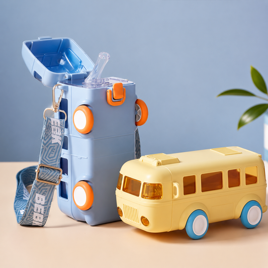 School Bus Water Bottle 500ML | Portable Kids Water Bottle with Strap & Moving Wheels