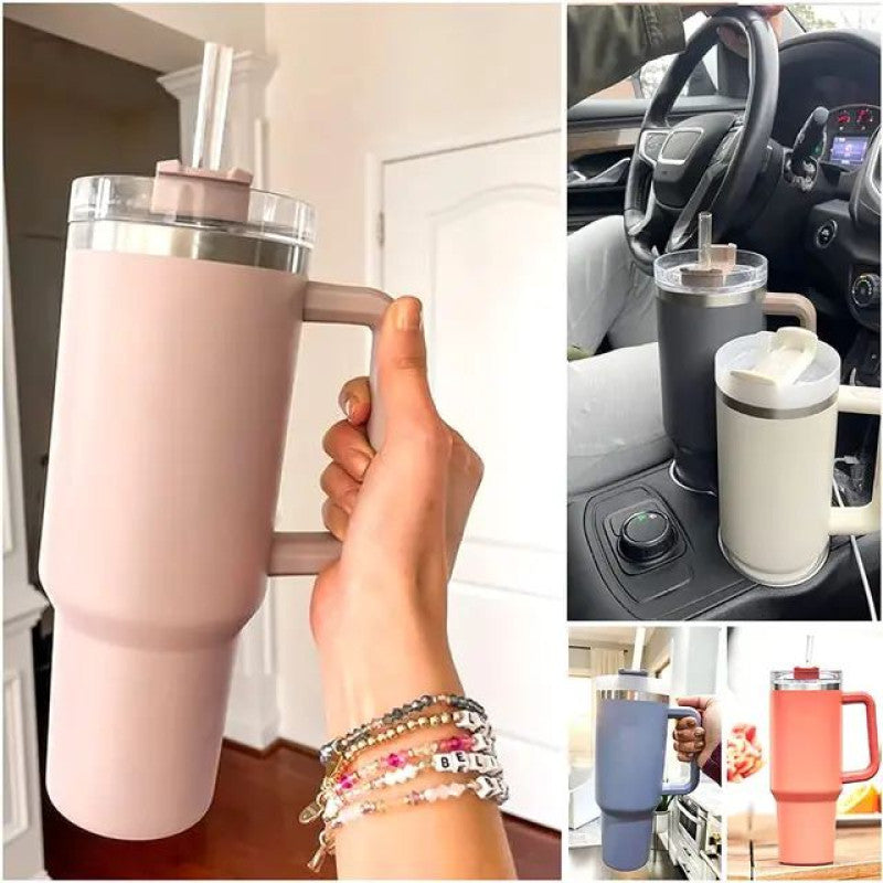 Collage of a pink insulated mug with handle held by a hand, used in a car, and on a table.