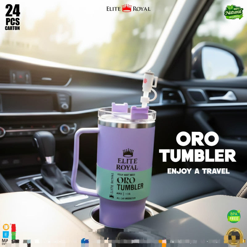 Purple Elite Royal Oro Tumbler in a car cup holder with branding and product details.