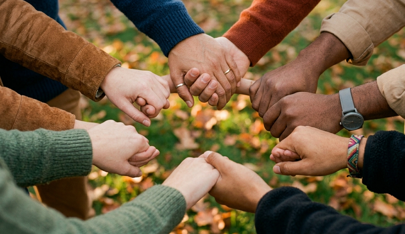 Hands of people in various colors coming together in a circle against a blurred natural background
